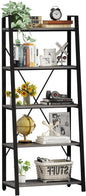 BON AUGURE 5-Tier Ladder Shelf, Industrial Leaning Bookcase, Wood and Metal Ladder Bookshelf for Living Room, Bedroom, Kitchen, Home Office (Grey Oak)
