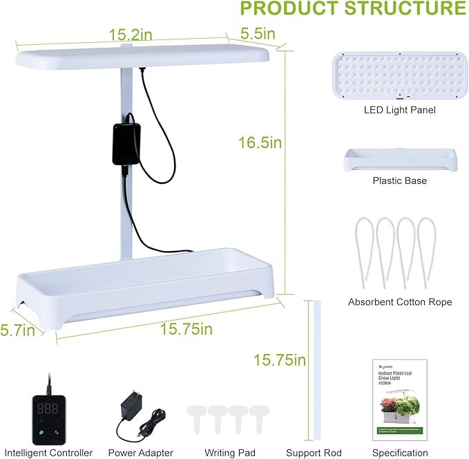 Indoor Garden Led Grow Light, Full Spectrum LED Grow Lamp for Indoor Plants with Intelligent Controller, Height Adjustable, Ideal for Home Desk Plant Lighting (Without Pots)(White, 16.5*6.5*4 inch)