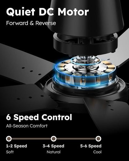 52 Inch Ceiling Fans with Lights and Remote, Nickel Low Profile Ceiling Fan, Flush Mount Style with 5 Blades, For Indoor Bedroom Living Room/Outdoor, 6 Speed Reversible DC Motor, 3CCT Dimmable LED