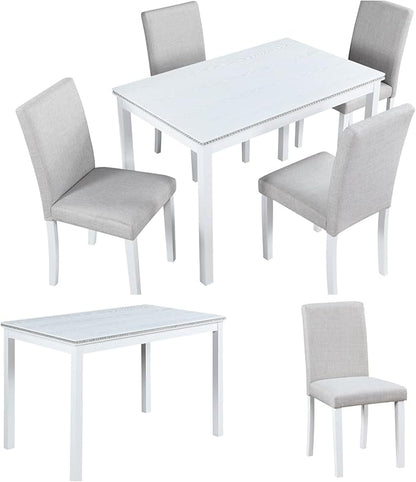 Dining Table Set, 5 Piece Counter Height Table Set with Rectangular Table and 4 Upholstered Chairs, Wooden Dinner Set with Crystal Decoration, Dining Chair with Footrest, Beige&White