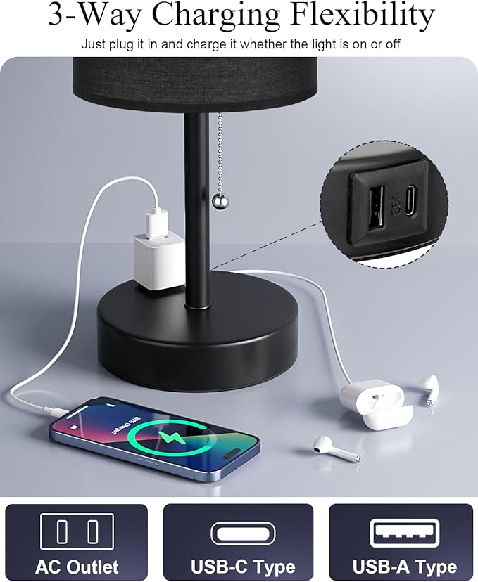 Fenmzee Large Black Bedside Lamps Set of 2-3 Color Temperatures Pull Chain Lamp with AC Outlet Charging Port, Two Round Night Stand Lamps for Bedroom Guest Room Office, Bed Side Light