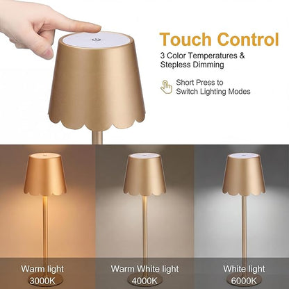 Pickmesh 1 Pack Scalloped Edge Shade LED Cordless Table Lamp 3 Color Dimmable Rechargeable Modern Lamps for Living Room Dining Bedside Desk, 4000mAh Battery Operated(Glod)