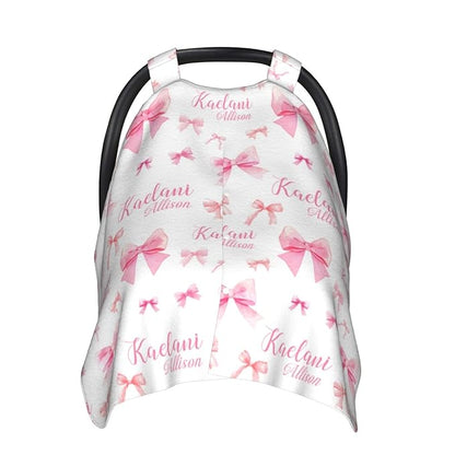 Personalized Baby Car Seat Canopy for Babies, Custom Name Pink Bow Baby Car Seat Covers for Girls, Opening Minky Nursing Breastfeeding Cover for Infant, Carseat Canopies for Newborn