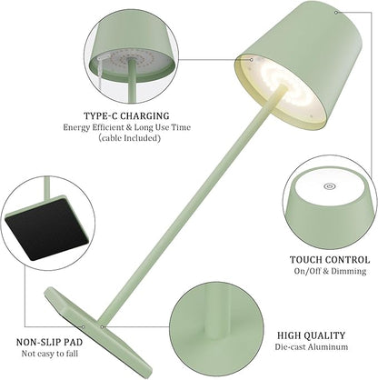 2-Pack LED Cordless Table Lamp, Rechargeable Battery Desk lamp 3W 5500mAh Battery Operated Stepless Dimming Modern Portable Table Light for Restaurant/Bedroom/Outdoor IP54 Waterproof (Green)