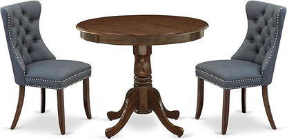 East West Furniture ANDA3-AWA-13 3 Piece Kitchen Table Set Includes a Round Dining Table with Pedestal and 2 Polyester Fabric Upholstered Parson Chairs, 36x36 Inch, Antique Walnut