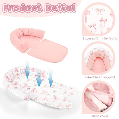 Infant Car Seat Insert with 2 Strap Pads, Carseat Cushion Baby Boy & Girl, Soft and Comfortable Carseat Head Support for Newborn, Pink Bow