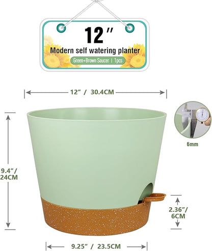 12 inch Large Self Watering Pots for Indoor Outdoor Plants, Flower Plant Pots with Drainage Holes for Garden House Plants, Plastic Planters with Reservoir for Home, Green with Brown