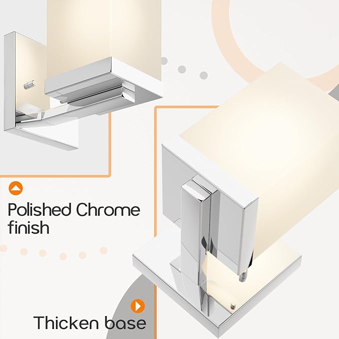 Vanity Lighting Fixture Polished Chrome Bathroom Lights with White Frosted Glass Shade, Wall Sconces Over Mirror for Porch Entrance, 2 Pack T003CH-L1-P2