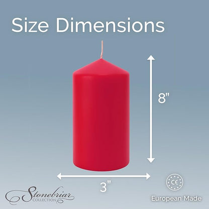 Stonebriar Unscented Pillar Candles – 80 Hour Burn Time, Long-Lasting Wax Candles for Weddings, Holidays, Home Décor & Special Events, Pack of 6, Red, 3" x 8"