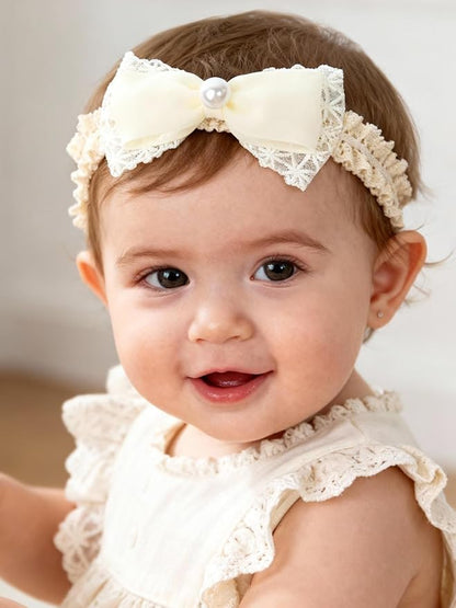 Handmade Baby Girl Headbands in Beige Baby Bows and Floral Lace Headband Bows for Newborns and Toddlers Cute Baby Girl Bows and Newborn Headband Bows