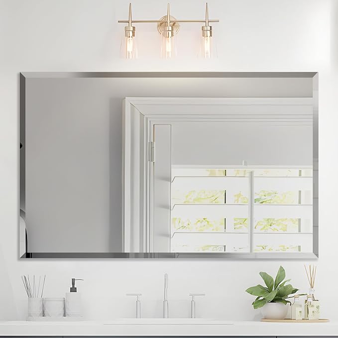 Beveled Mirror, 48"x30" Inch Beveled Frameless Mirror for Bathroom, Rectangular Beveled Edge Bathroom Vanity Mirror, Upgraded Shatterproof Wall Mirror, Hangs Horizontally or Vertically.