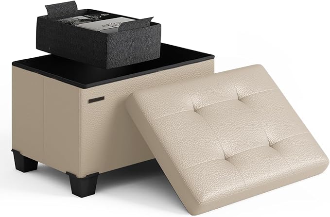 STORAGEBUD Storage Ottoman Cube with Small Bin, 16-in Square Ottoman with Storage for Living Room and Bedroom, Small Ottomans Foot Rest, Faux Leather Foot Stools Ottomans Max 330lbs, Beige