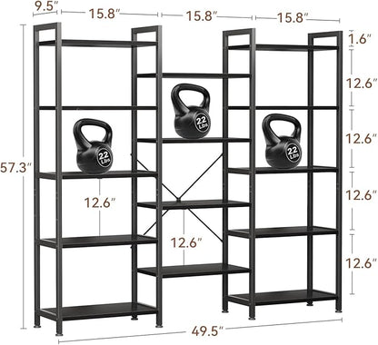 Casaottima Triple 5 Tier Bookshelf, Large Bookcase with 14 Open Display Shelves, Modern Industrial Book Shelves Book Case for Bedroom, Wide Standing Shelving Unit for Living Room Home Office, Black