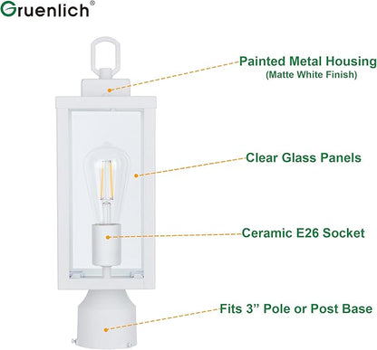 GRUENLICH Outdoor Post Lighting Fixture Pole Lantern, E26 Medium Base Max 60W, Metal Housing Plus Glass, Matte White Finish, Bulb Not Included, 1 Pack