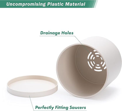 D'vine Dev 8 Inch Plastic Planter Pots for Plant Pot with Drainage Hole and Seamless Saucers, Oatmeal, 74-X-H-1