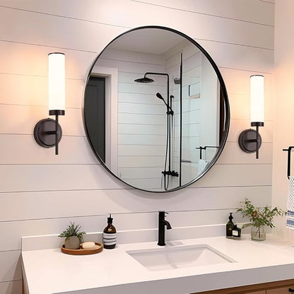 Matte Black Wall Sconces Set of 2, Modern Bathroom Sconces Wall Lighting with Opal White Glass, Vanity Light Fixtures for Bathroom, Wall Mount Lights for Living Room Bedroom Hallway, Hardwired