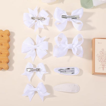 choicbaby 8pcs Baby Girl Hair Bow Clips Set, White Toddler Hair Clips Boutique Grosgrain Ribbon Bow Hair Barrettes Accessories for Infant Toddler Kids