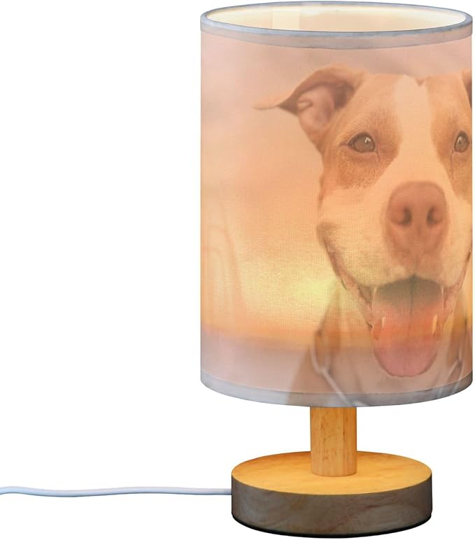 Table Lamp Pitbull Dog Smile Nightstand Lamp with Wood Base Fabric Lamp Shade Bedside Desk Lamp for Living Room Bedroom Kids Room Office