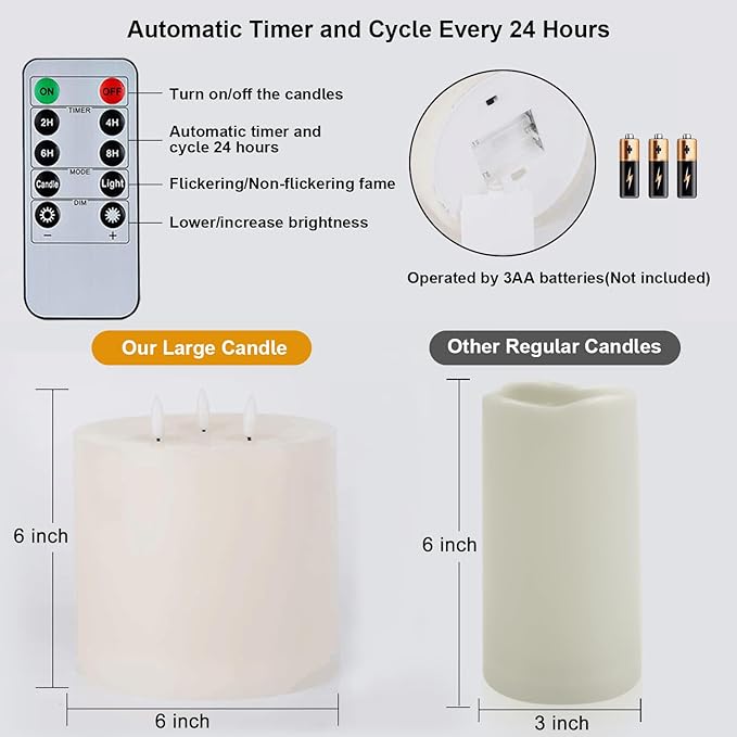 Amagic 6"x6" Extra Large Flameless Candles with 3 Wicks, Battery Operated Candles with Remote Control and Timers, 6 inch Diameter LED Pillar Candles, Real Wax, Ivory
