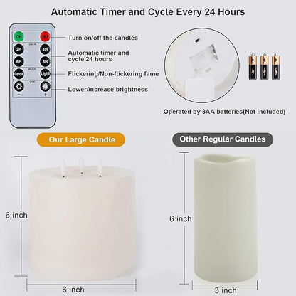 Amagic 6"x6" Extra Large Flameless Candles with 3 Wicks, Battery Operated Candles with Remote Control and Timers, 6 inch Diameter LED Pillar Candles, Real Wax, Ivory