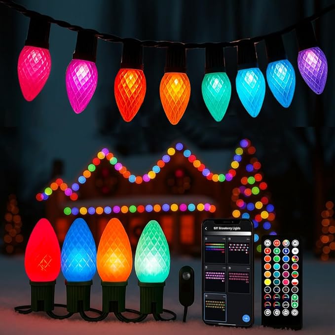 HIITEN Smart RGB C9 Christmas Lights Outdoor 100LEDs 79FT, DIY Chasing Effects with Timer Music Sync APP & Remote, Waterproof Extendable Color Changing String Lights for House