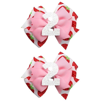 Birthday Hair Bow for Baby Girls - 2Pcs Pink Strawberry Hair Clips for 2nd Birthday Baby Bow Party Decorations for Girls Toddlers Hair Accessories