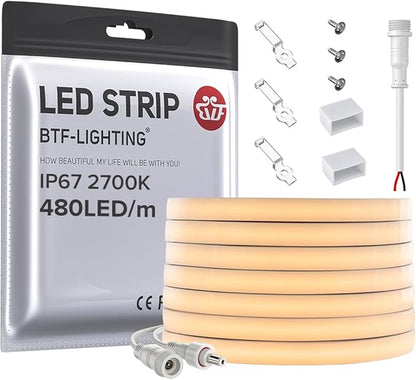 BTF-LIGHTING FCOB COB LED Strip IP67 Waterproof Flexible High Density Uniform Diffused Neon Light 16.4FT DC12V Warm White 2700K 480LED/m CRI 90+ for Indoor Decor(No Adapter or Controller)