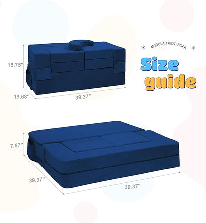 Modular Kids Sofa,Toddler Couch Foam Armchair for Kids, Children Convertible Plush Sofa Play Set,Fold Out SofaBed(Navy)