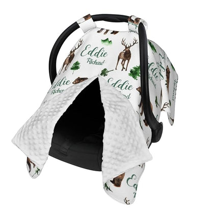Personalized Baby Car Seat Canopy for Babies, Custom Name Woodland Deer Bear Baby Car Seat Covers for Boys Girls, Opening Minky Nursing Breastfeeding Cover for Infant, Carseat Canopies for Newborn