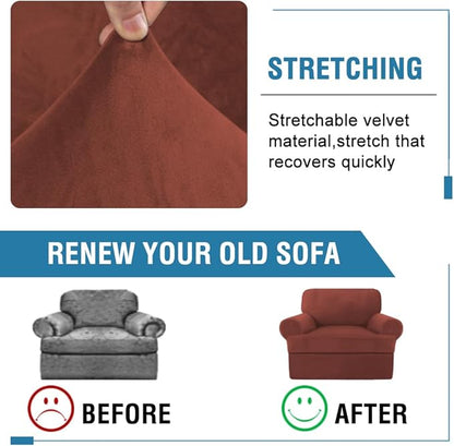 H.VERSAILTEX Sofa Cover 2 Piece T Cushion Armchair Slipcovers Thick Velvet Couch Cover Stretch T Cushion Sofa Covers for 1 Cushion Couch with 1 Individual T Cushion Covers Washable, Rust