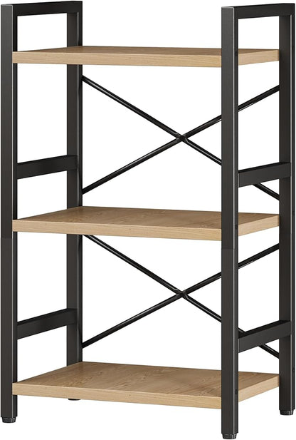 Homeiju Bookshelf, 3 Tier Industrial Bookcase, Metal Small Bookcase, Rustic Etagere Book Shelf Storage Organizer for Living Room, Bedroom, and Home Office(Light Coffee) Patent Pending D29873033