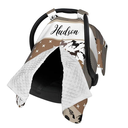 Personalized Baby Car Seat Canopy for Babies, Custom Name Car Seat Covers for Boys and Girls, Opening Minky Nursing Breastfeeding Cover for Infant, Carseat Canopies for Newborn (Cowboy)