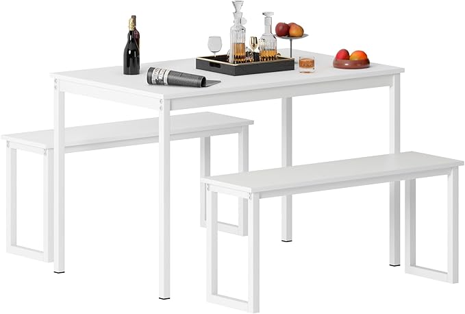 soges 3 PCS Dining Table Set for 4 with 2 Benches, Soho Dining Table and Chairs Set, Industrial Kitchen Table and Chairs Kitchen Breakfast Table Set, Dining Set with Metal Frame, White