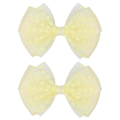 Tiny 3 Inch Dot Organza Double Hair Bow Clips - Cute Lined Boutique Alligator Hairpin for Girls, Toddlers, and Little Teens - Kids Barrettes Set of 2 Small Stylish (Yellow)