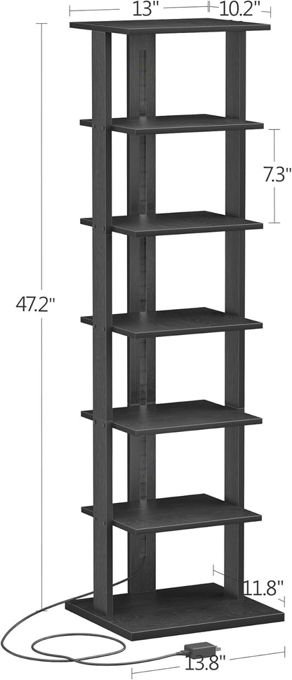 7-Tier Bookshelf, Narrow Bookcase with LED Lights, 47.2 Inch Book Shelf for Small Space, Display Storage Shelf for Living Room, Bedroom, Home Office, Study, Black