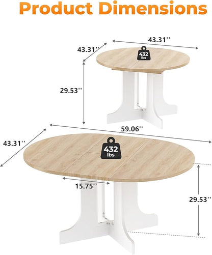43"-59" Expandable Round Dining Table, Extendable Dining Room Table for 4-6, Oval Tabletop with Removable Leaf, Trestle X-Shaped Base & Metal Track for Dining Room, Living Room-Oak