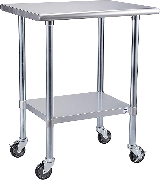ROCKPOINT Stainless Steel Table for Prep & Work with Caster Wheels 24x30 Inches, NSF Metal Commercial Kitchen Heavy Duty Table with Adjustable Under Shelf and Table Foot for Restaurant, Home and Hotel