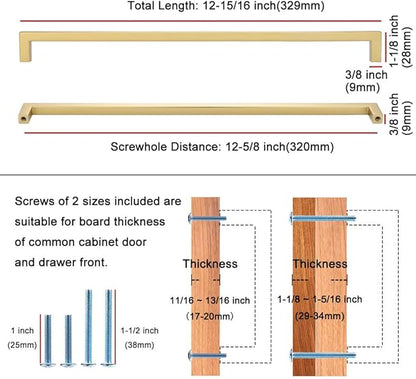 KOOFIZO Solid Square Bar Cabinet Handle - Brushed Gold Furniture Pull, 12.6 Inch/320mm Screwhole Distance, Pack of 5 for Kitchen Cupboard Door, Bedroom Dresser Drawer, Bathroom Wardrobe Hardware