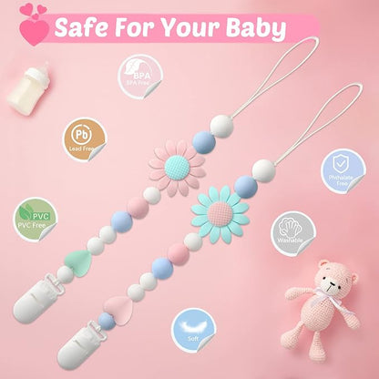 Silicone Pacifier Clip, 2 Pack Pacifier Holder for Boys and Girls, Adorable Sunflower Pacifier Clips Fits for Most Pacifier, Baby Teethers, Baby Shower and Baby Gift(Pink&Green)
