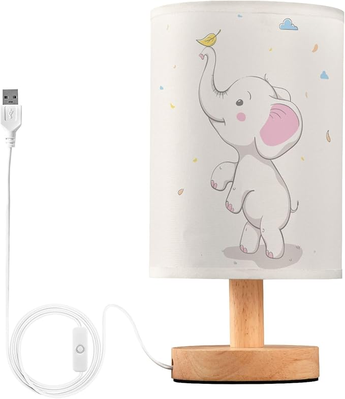 Table Lamp Cute Elephant Baby Play Autumn Leaves Rain Cloud Cartoon Animal Nightstand Lamp with Wood Base Fabric Lamp Shade Bedside Desk Lamp for Living Room Bedroom Kids Room Office