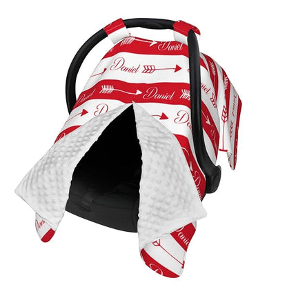 Personalized Baby Name Car Seat Covers with Tribal Arrows, Custom Carseat Canopy, Peekaboo Opening Nursing Wrap Breastfeeding Car Seat Canopies for Baby Boys Girls Newborn (Red Arrow Minky Dot)