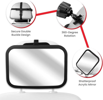 Baby Car Mirror, Shatterproof & Easy Assembled Crash Tested, 360° Rotation, Safety Car Seat Mirror for Rear Facing Infant with Wide Crystal Clear View