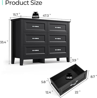 LINSY HOME 6 Drawers Dresser for Bedroom, 47" Wide Wooden Storage Chest with Antique Handles, Modern Farmhouse Dresser TV Stand with Wood Legs for Closet, Living Room, Hallway, Black