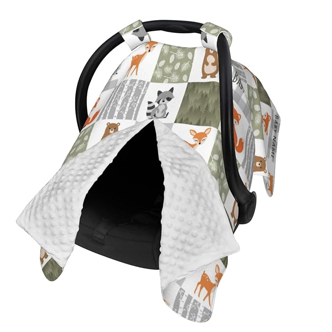 Personalized Woodland Animals Baby Car Seat Canopy for Babies with Name, Custom Stroller Car Seat Covers for Girls Boy, Minky Nursing Carseat Cover for Breastfeeding, Car Seat Canopies for Newborn