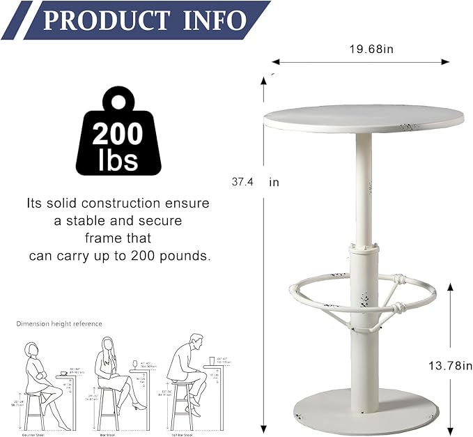 Diwhy Industrial Pub Table 23.6" Iron Round Desktop 37.4" Height Cast Iron Bar Table Antique White