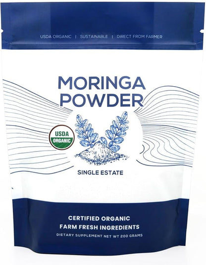 Organic Moringa Powder, Single Estate, Freshly Ground Colombian Moringa, USDA Organic, Non-GMO, Gluten Free in a Resealable Pouch for Smoothies, Lattes, Cooking, 7 oz (200 g), 100 Servings