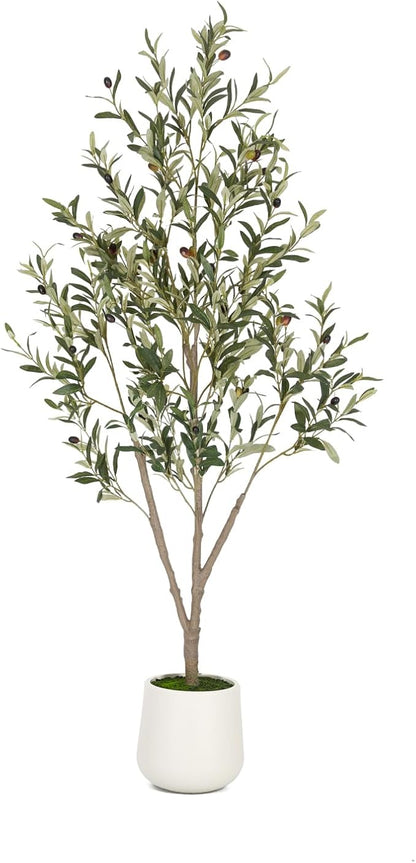 Olive Trees Artificial Indoor, 5FT Tall Faux Olive Tree with White Tall Planter, Artificial Plants with Natural Wood Trunk and Lifelike Fruits for Home Office Decor