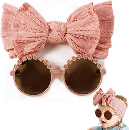 Baby Girls Soft Bows Headband and Daisy Flower Sunglasses Set Hair Bow Headwrap Hair Accessories for Toddler Infant
