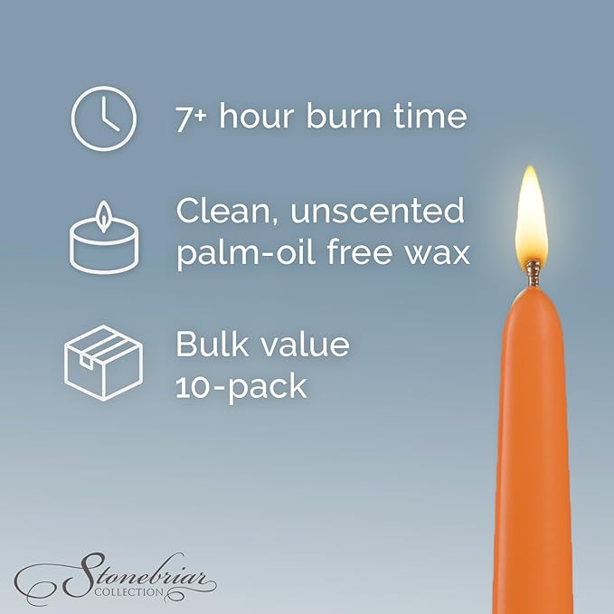 Stonebriar Unscented Taper Candles – 7 Hour Burn Time, Long-Lasting Wax Candles for Weddings, Holidays, Home Décor & Special Events, Pack of 10, Orange, 10"