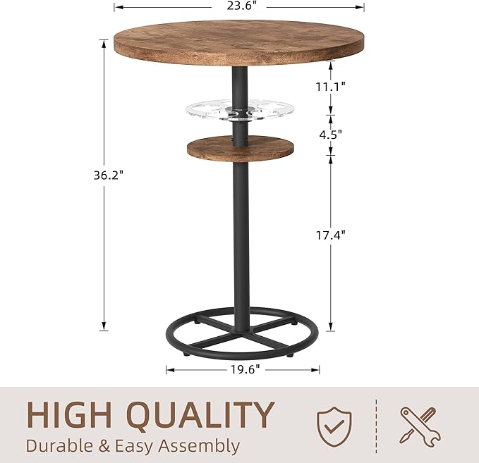 VECELO 36” High Top Bar Table, Sturdy Frame with Metal Base for Cocktail, Pub, Easy Assembly, Brown